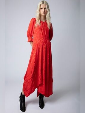 Zadig & Voltaire Red Orange Chain-Print Puff-Sleeve Maxi Dress Silk Size Small